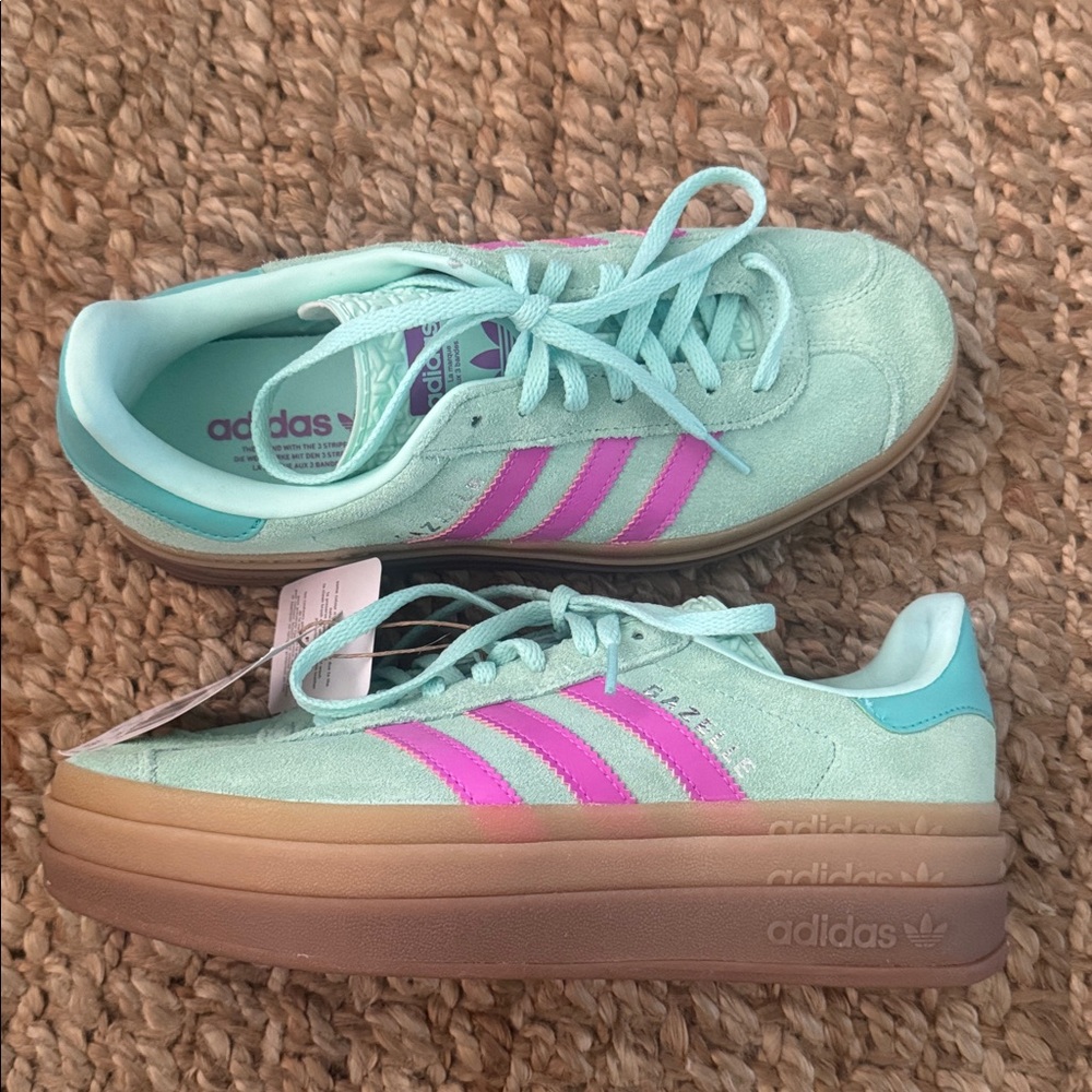 NEW adidas Gazelle Platform Sneaker in light Mint Green & magenta pink purple - Picture 2 of 11